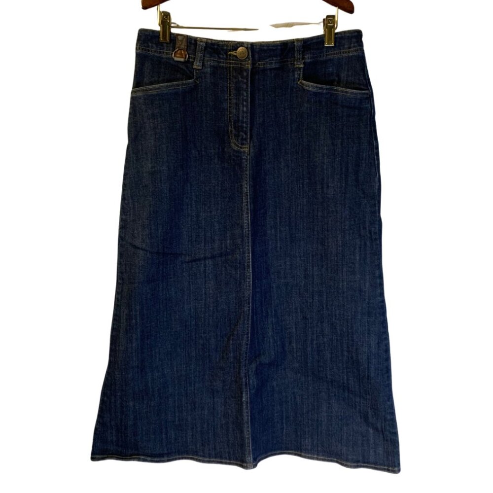 Lands End Denim Midi Skirt Size 6 dark wash Long and Modest Back Slit